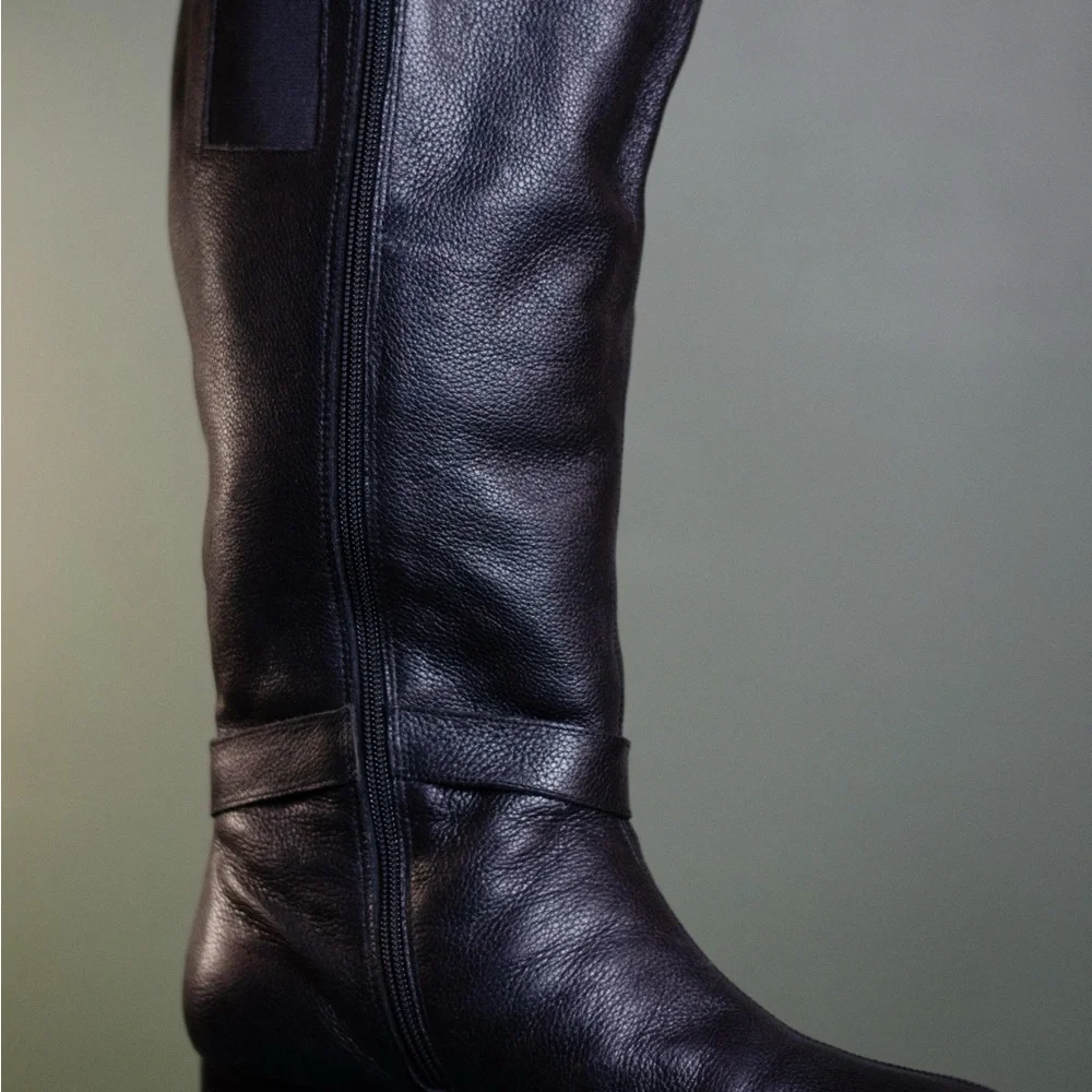 Black Leather Women's Wide Calf Moto Boots - Picture 3 of 9